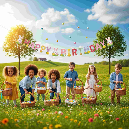 Happy Easter Greeting Card Holiday Concept. Group of Kids Holding Easter Basketの写真素材