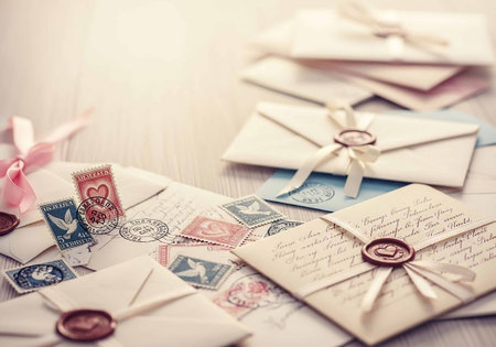 Vintage postcards with wax stamps and envelopes on wooden background