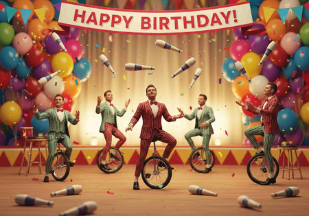 Happy birthday! Cheerful clowns on unicycle in circusの写真素材