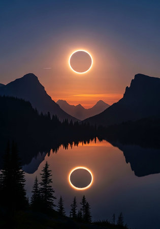 Sunset at the lake in Glacier National Park, Montana, USAの写真素材