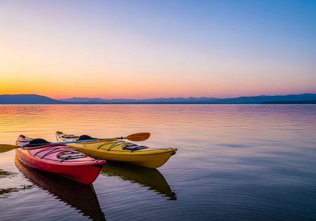 Kayak on the lake at sunset. Lake Ohrid, Macedoniaの写真素材
