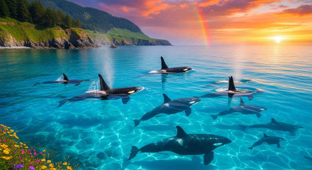 Group of killer whales swimming in the ocean at sunset. 3d rendering