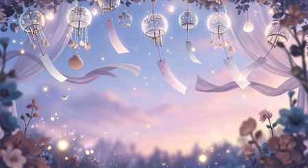 3d illustration of flowers and lanterns with blue sky background.