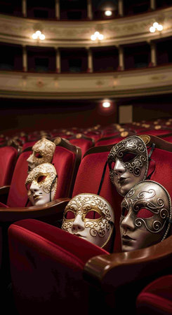 Group of Venetian masks in a theatre auditorium or cinemaの写真素材