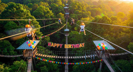 People having fun on the rope park in the evening, Happy Birthday