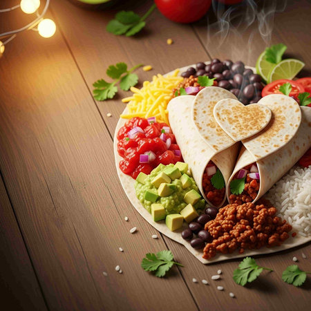 Mexican tacos with meat, vegetables and spices on a wooden backgroundの写真素材