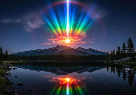 Beautiful multicolored display in the sky over a mountain lakeの写真素材