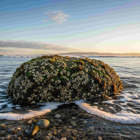 Coastal rock covered with moss on the beach at sunset.の写真素材