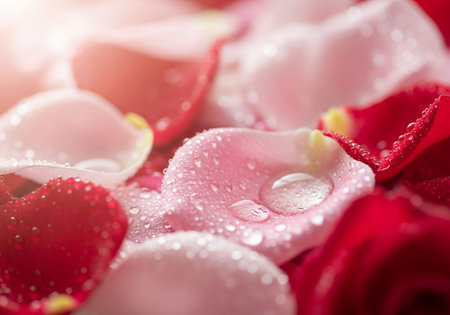 Red rose petals with water drops. Valentine's Day background.の写真素材