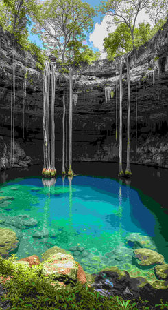 Fantasy landscape of a lake in the cave. 3D renderingの写真素材