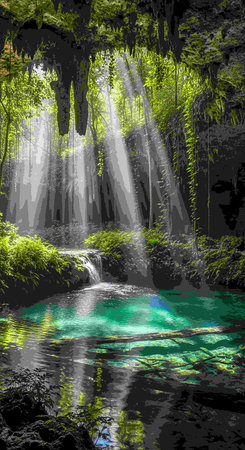 Waterfall in the forest with sunbeams. Vector illustration.
