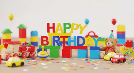 Happy birthday greeting card with toys on wooden background. Copy space.の写真素材