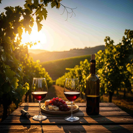 Wine tasting in Tuscany, Italy. Two glasses of red and white wine on table in vineyardの写真素材