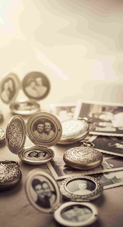Vintage pocket watch and old photos with filter effect retro vintage styleの写真素材