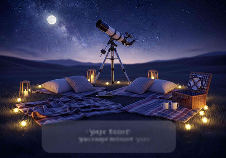3d illustration of a picnic in the mountains at night with a telescopeの写真素材