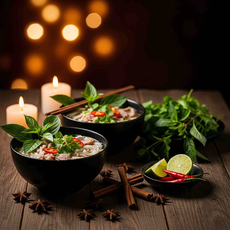 Thai spicy soup in black bowl with herbs and spices on wooden table
