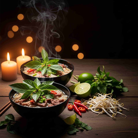 Bowl of Thai soup on wooden table with light backgroundの写真素材