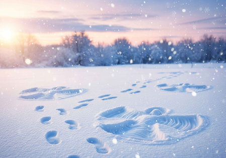 Winter landscape with footprints in the snow. Winter background.