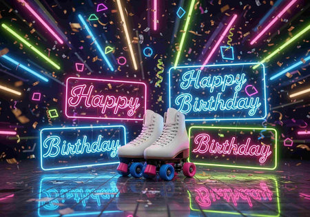 3d render of roller skates with Happy Birthday text and neon lights