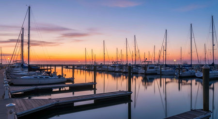 Yachts and boats moored in a marina at sunsetの写真素材