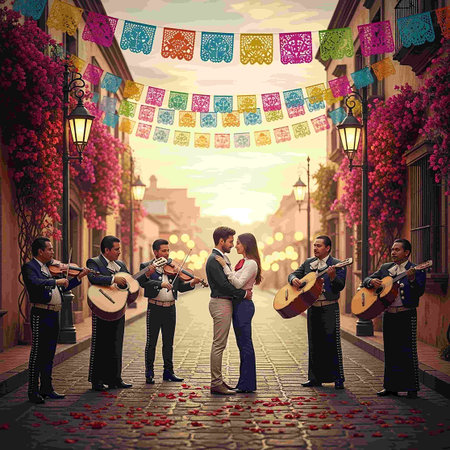 Guitarist and musicians on the street in the old town.の写真素材