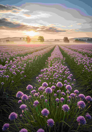 Beautiful spring field with purple flowers in the sunset. 3d renderingの写真素材