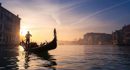 Gondola on the Grand Canal in Venice at sunrise, Italyの写真素材