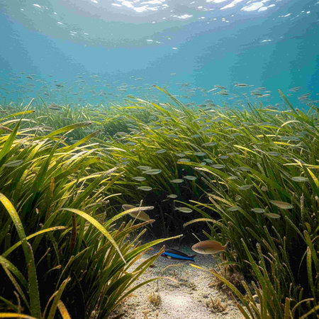 Underwater view of a tropical coral reef with fish and seaweedの写真素材