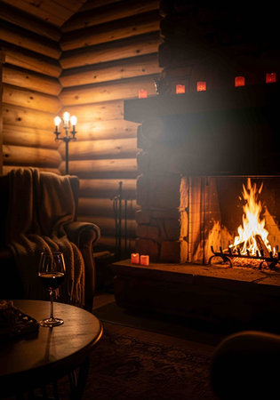 Cozy home interior with fireplace, armchair and wine glass.の写真素材