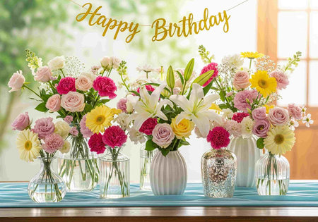 Beautiful bouquet of flowers in vases on the table in the roomの写真素材