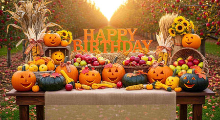 Halloween decorations with pumpkins, apples, corn and sunflowers in the gardenの写真素材