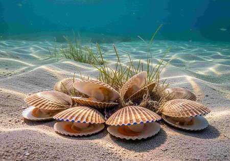 Seashells on the sandy beach under blue sea water.