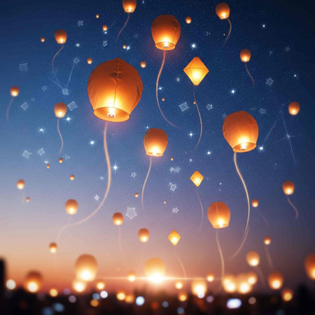 Colorful paper lanterns flying in the night sky. 3d renderingの写真素材