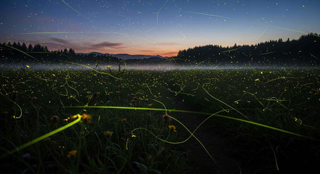 Foggy meadow with dandelions and mountains in the backgroundの写真素材
