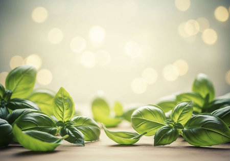 Fresh basil leaves on wooden table with bokeh lights background.の写真素材