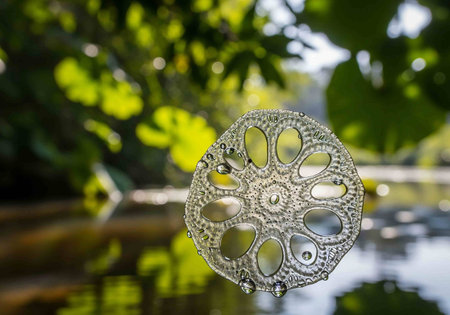 Close up of water drop on a lotus leaf floating on the waterの写真素材
