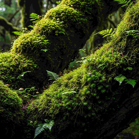 Moss and ferns on a tree in the rainforestの写真素材