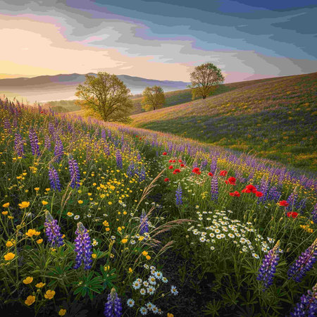 Sunset in the meadow with lupins and wildflowers