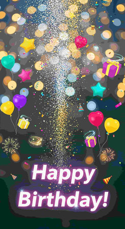 Happy Birthday card with fireworks, gifts and confetti. Vector illustration.の写真素材
