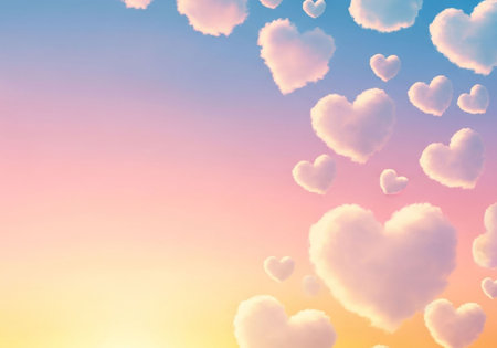 Heart shaped clouds on sunset sky background. Valentine's day concept.の写真素材