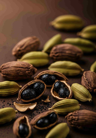 Cardamom seeds and fresh cardamom pods on brown background