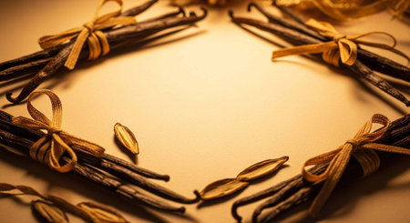 Vanilla pods with ribbons on a brown background. Toned.の写真素材