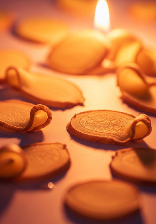 Burning candles in the shape of a rose. Selective focus.の写真素材