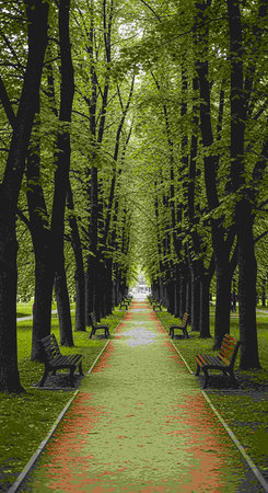 Green alley in park with benches and trees in the background, tonedの写真素材