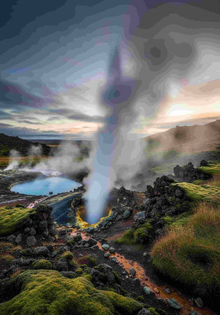 Volcanic landscape in Iceland with hot springs and hot springs.の写真素材