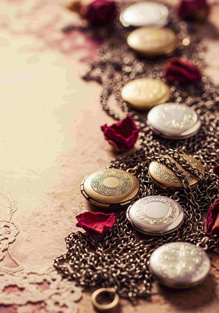 Vintage jewelry background with rose petals and beads on wooden tableの写真素材