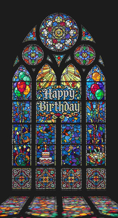 Stained glass window with a birthday theme