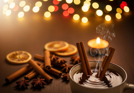Cup of hot chocolate with cinnamon sticks and orange slices on wooden tableの写真素材