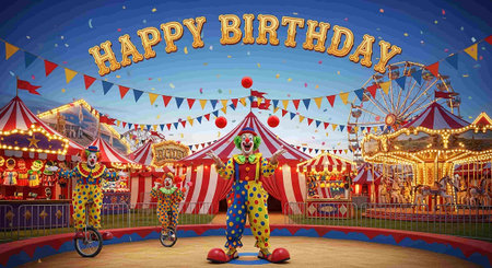 Happy birthday card with clowns on carousels in amusement parkの写真素材