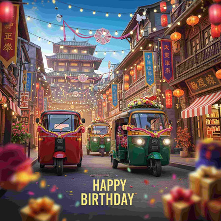 Happy Birthday greeting card with a Tuk Tuk on the street in Shanghai